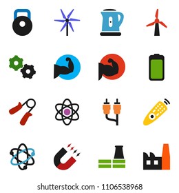 solid vector ixon set - kettle vector, atom, magnet, weight, hand trainer, muscule, remote control, battery, rca, gear, windmill, factory