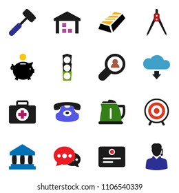 solid vector ixon set - kettle vector, meat hammer, drawing compass, certificate, bank, gold ingot, piggy, target, first aid kit, traffic light, warehouse, classic phone, message, cloud download