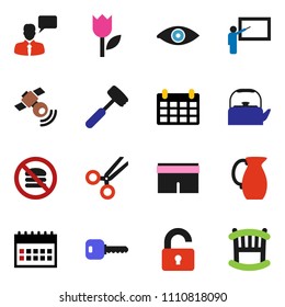 solid vector ixon set - kettle vector, meat hammer, jug, blackboard, calendar, shorts, no fastfood, tulip, satellitie, speaking man, eye, scissors, key, unlock, crib