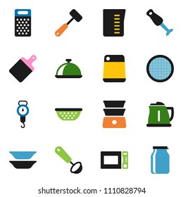 solid vector ixon set - kettle vector, colander, measuring cup, scales, ladle, meat hammer, cutting board, grater, microwave oven, double boiler, blender, plates, sieve, dish, jar