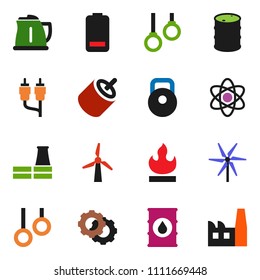 solid vector ixon set - kettle vector, atom, weight, gymnast rings, flammable, oil barrel, battery, rca, gear, windmill, factory