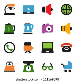 solid vector ixon set - kettle vector, scales, glasses, table lamp, camera, speaker, video, internet, notebook pc, phone, baby stroller