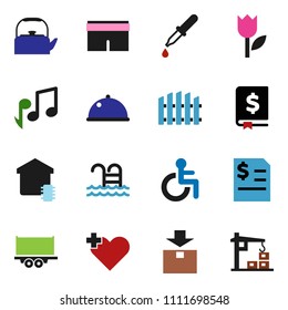 solid vector ixon set - kettle vector, dish, music, annual report, shorts, pool, truck trailer, tulip, package, disabled, heart cross, dropper, fence, smart home, construction crane
