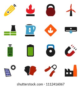 solid vector ixon set - kettle vector, magnet, weight, hand trainer, boxing glove, flammable, remote control, battery, solar panel, windmill, air conditioner, factory
