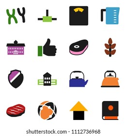 solid vector ixon set - kettle vector, measuring cup, steak, university, school building, arrow up, scales, cereals, finger, chromosomes, connect, connection, shield, catalog