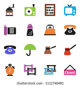 solid vector ixon set - kettle vector, hand mill, turk coffee, alarm clock, abacus, phone, umbrella, film frame, radio, tv, classic, closed