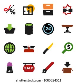 solid vector ixon set - knife vector, hand mill, pen, archive, money search, oil barrel, internet, disconnection, plan, sale signboard, table, 24 hour, basket, coupon, store scales, package