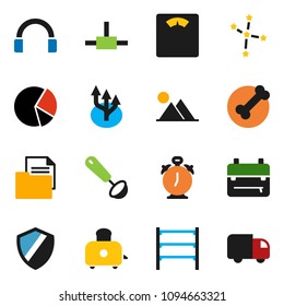 solid vector ixon set - ladle vector, toaster, backpack, alarm clock, constellation, pie graph, scales, bone, document, shelving, headphones, connect, shield, route arrow, mountain, delivery