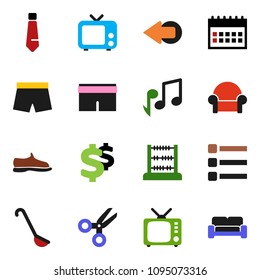 solid vector ixon set - ladle vector, scissors, abacus, music, tie, calendar, dollar sign, snickers, shorts, tv, menu, arrow, cushioned furniture