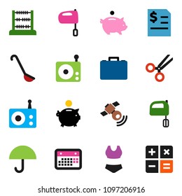 solid vector ixon set - ladle vector, mixer, abacus, piggy bank, case, annual report, swimsuite, calendar, umbrella, radio, satellitie, scissors, calculator