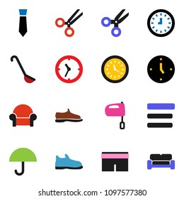 solid vector ixon set - ladle vector, mixer, scissors, clock, tie, snickers, shorts, umbrella, menu, cushioned furniture