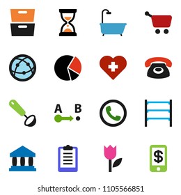 solid vector ixon set - ladle vector, archive, bank, pie graph, sand clock, clipboard, heart cross, tulip, route, shelving, internet, bath, phone, cart, tap pay
