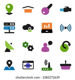 solid vector ixon set - laptop graph vector, map pin, dry cargo, satellite antenna, speaking man, network server, cloud lock, browser, gear, router, lan connector, redo, key, wireless, basket