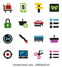 solid vector ixon set - laptop graph vector, crisis, barcode, gift, 24 hour, mall, target, basket, trolley, lock, tap pay, coupon, signpost, menu