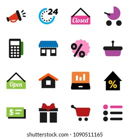solid vector ixon set - laptop graph vector, percent growth, office, gift, open, closed, 24 hour, card reader, basket, cart, home, loudspeaker, check, baby stroller, menu
