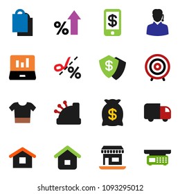 solid vector ixon set - laptop graph vector, percent growth, target, office, money bag, shopping, support, cashbox, home, delivery, tap pay, coupon, clothes, dollar shield, store scales