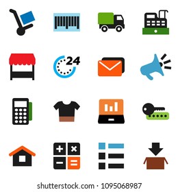 solid vector ixon set - laptop graph vector, 24 hour, market, barcode, card reader, cashbox, home, calculator, trolley, delivery, mail, loudspeaker, clothes, menu, password, package