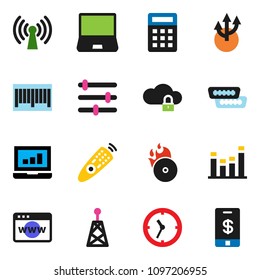 solid vector ixon set - laptop graph vector, clock, music hit, antenna, equalizer, remote control, notebook pc, hdmi, cloud lock, browser, route arrow, wireless, barcode, calculator, tap pay