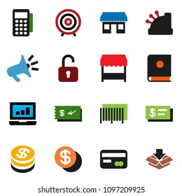 solid vector ixon set - laptop graph vector, target, office, credit card, dollar coin, market, barcode, reader, cashbox, catalog, loudspeaker, unlock, check, package
