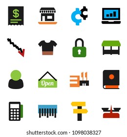solid vector ixon set - laptop graph vector, crisis, cent sign, office, barcode, open, market, mall, customer, card reader, receipt, catalog, lock, signpost, clothes, store scales