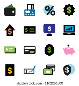 solid vector ixon set - laptop graph vector, credit card, piggy bank, dollar growth, check, receipt, medal, shield, monitor, wallet, percent