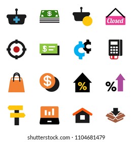 solid vector ixon set - laptop graph vector, percent growth, cent sign, dollar coin, cash, closed, shopping bag, target, card reader, basket, home, check, signpost, package