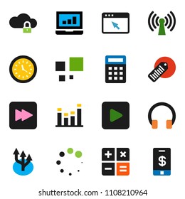 solid vector ixon set - laptop graph vector, clock, barcode, equalizer, headphones, play button, forward, cloud lock, browser, loading, route arrow, wireless, calculator, tap pay