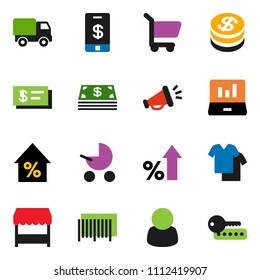 solid vector ixon set - laptop graph vector, percent growth, dollar coin, cash, market, customer, barcode, cart, delivery, loudspeaker, check, tap pay, baby stroller, clothes, password