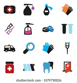 solid vector ixon set - liquid soap vector, rubber glove, first aid kit, vial, magnifier, crutches, pills, bottle, amkbulance car, potion, bandage, tooth, medical room
