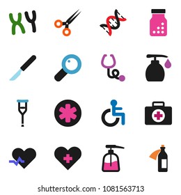solid vector ixon set - liquid soap vector, first aid kit, ambulance star, disabled, heart pulse, cross, dna, magnifier, crutches, scissors, scalpel, stethoscope, pills bottle, chromosomes, potion