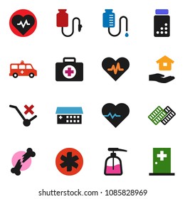 solid vector ixon set - liquid soap vector, house hold, heart pulse, pills vial, first aid kit, no trolley, ambulance star, broken bone, blister, hospital building, amkbulance car, drop counter