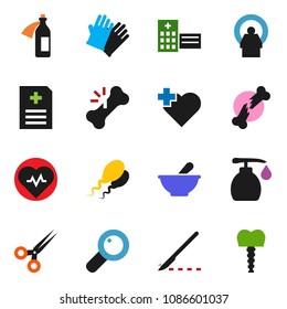 solid vector ixon set - liquid soap vector, rubber glove, heart pulse, cross, magnifier, scissors, scalpel, broken bone, mortar, anamnesis, hospital building, tomography, potion, sperm
