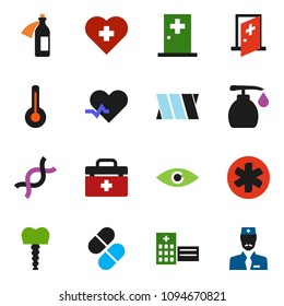 solid vector ixon set - liquid soap vector, heart cross, doctor bag, ambulance star, pulse, thermometer, eye, dna, pills, hospital building, potion, bandage, tooth implant, medical room