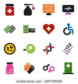 solid vector ixon set - liquid soap vector, rubber glove, school building, heart cross, disabled, gender sign, dna, insemination, crutches, pills bottle, blister, microbs, diagnostic monitor