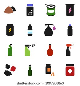 solid vector ixon set - liquid soap vector, sprayer, cleaning agent, garbage pile, oil, pills vial, sports nutrition, enegry drink, water bottle