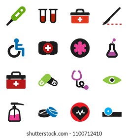 solid vector ixon set - liquid soap vector, heart pulse, first aid kit, doctor bag, ambulance star, disabled, thermometer, flask, vial, eye, scalpel, stethoscope, pills, hat