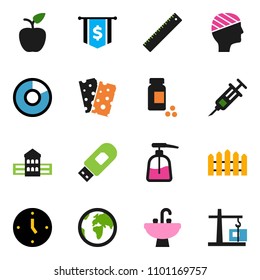 solid vector ixon set - liquid soap vector, sink, school building, ruler, apple fruit, pie graph, clock, dollar flag, pills vial, breads, earth, syringe, head bandage, usb modem, fence