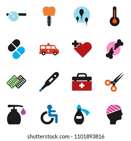solid vector ixon set - liquid soap vector, doctor bag, disabled, heart cross, thermometer, scissors, broken bone, pills, blister, eye hat, amkbulance car, potion, sperm, tooth implant, head bandage