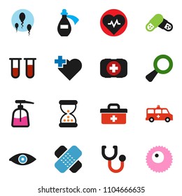 solid vector ixon set - liquid soap vector, heart pulse, cross, first aid kit, doctor bag, vial, eye, magnifier, sand clock, patch, stethoscope, pills, amkbulance car, potion, sperm, ovule