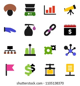 solid vector ixon set - liquid soap vector, cook glove, press, double boiler, spices, mushroom, telescope, molecule, flag, graph, hierarchy, dollar calendar, any currency, sign, chain