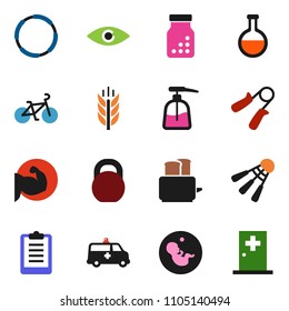 solid vector ixon set - liquid soap vector, toaster, clipboard, bike, weight, hand trainer, muscule, cereals, shuttlecock, hoop, flask, eye, pregnancy, pills bottle, amkbulance car, medical room