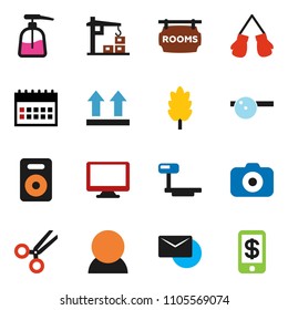 solid vector ixon set - liquid soap vector, cereal, calendar, boxing glove, top sign, big scales, camera, monitor, speaker, scissors, eye doctor hat, mail, rooms signboard, consumer, tap pay