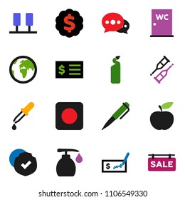 solid vector ixon set - liquid soap vector, cleaning agent, water closet, pen, check, receipt, dollar medal, diet, earth, protected, rec button, dropper, crutches, server, message, sale signboard