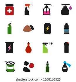 solid vector ixon set - liquid soap vector, sprayer, cleaning agent, garbage pile, oil, sports nutrition, enegry drink, water bottle, pills, potion