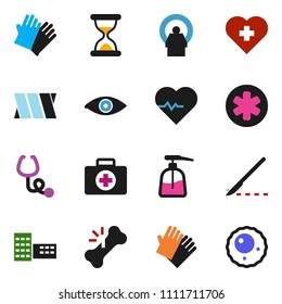 solid vector ixon set - liquid soap vector, rubber glove, school building, heart pulse, cross, first aid kit, ambulance star, eye, scalpel, broken bone, sand clock, stethoscope, tomography, bandage