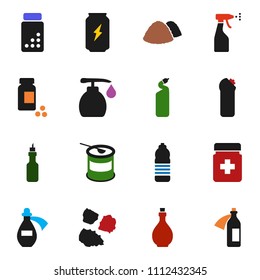 solid vector ixon set - liquid soap vector, sprayer, cleaning agent, garbage pile, oil, pills vial, sports nutrition, enegry drink, water bottle, potion