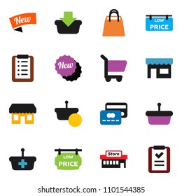 solid vector ixon set - low price signboard vector, credit card, new, shopping bag, store, mall, basket, cart, list