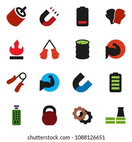 solid vector ixon set - magnet vector, weight, hand trainer, muscule, boxing glove, flammable, oil barrel, remote control, battery, rca, gear, factory