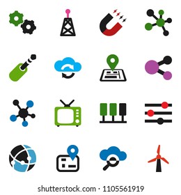 solid vector ixon set - magnet vector, molecule, navigator, antenna, tv, social media, jack, connection, server, cloud glass, exchange, gear, equalizer, share, windmill