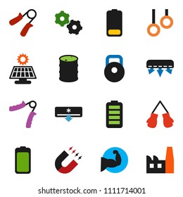 solid vector ixon set - magnet vector, weight, hand trainer, muscule, boxing glove, gymnast rings, oil barrel, battery, gear, solar panel, air conditioner, factory